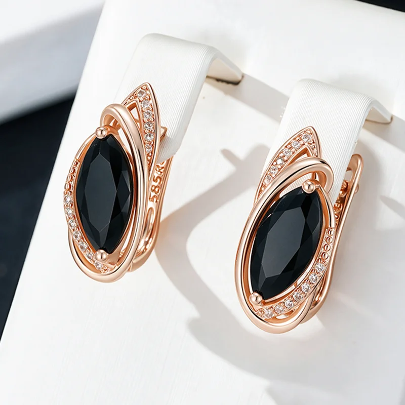 Wbmqda 16*6mm Mode Schwarz Natürliche Zirkon Ohrringe Für Frauen 585 Rose Gold Farbe Ethnische Hochzeit Schmuck Zubehör