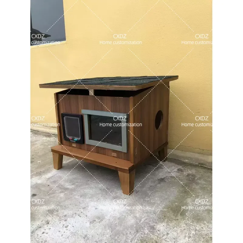 Solid Wood Cat House Indoor Outdoor Pet Nest Weatherproof Cat Villa Cage for Stray Cats Rain Sun Protection Household Shelter