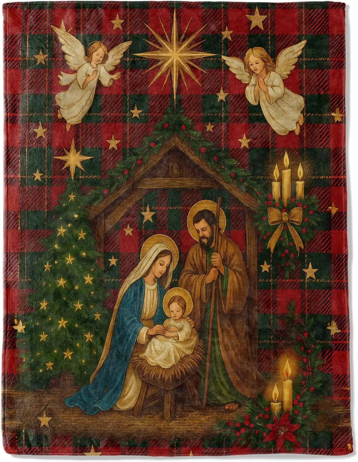 Christmas Jesus Decorative Blanket, Holy Night Angel Red Plaid Print Religious Throw Decoration, Soft Flannel Winter Blankets