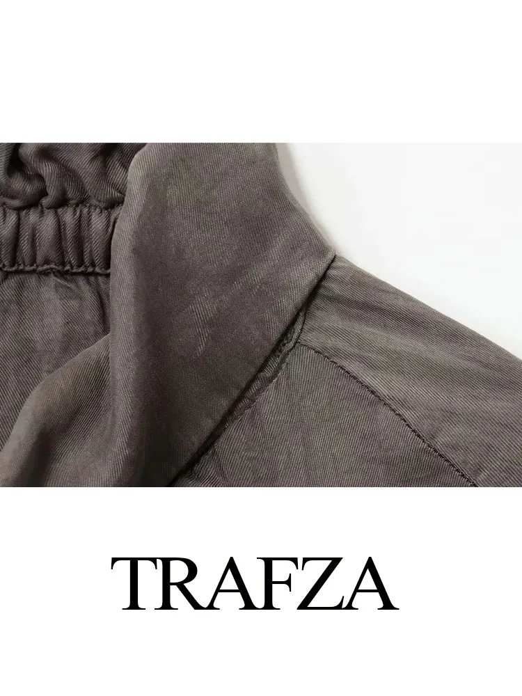 

TRAFZA Women's Autumn Fashion Series Standing Collar Drooping Bomber Jacket Female Temperament Zipper Pocket Casual Jacket Mujer