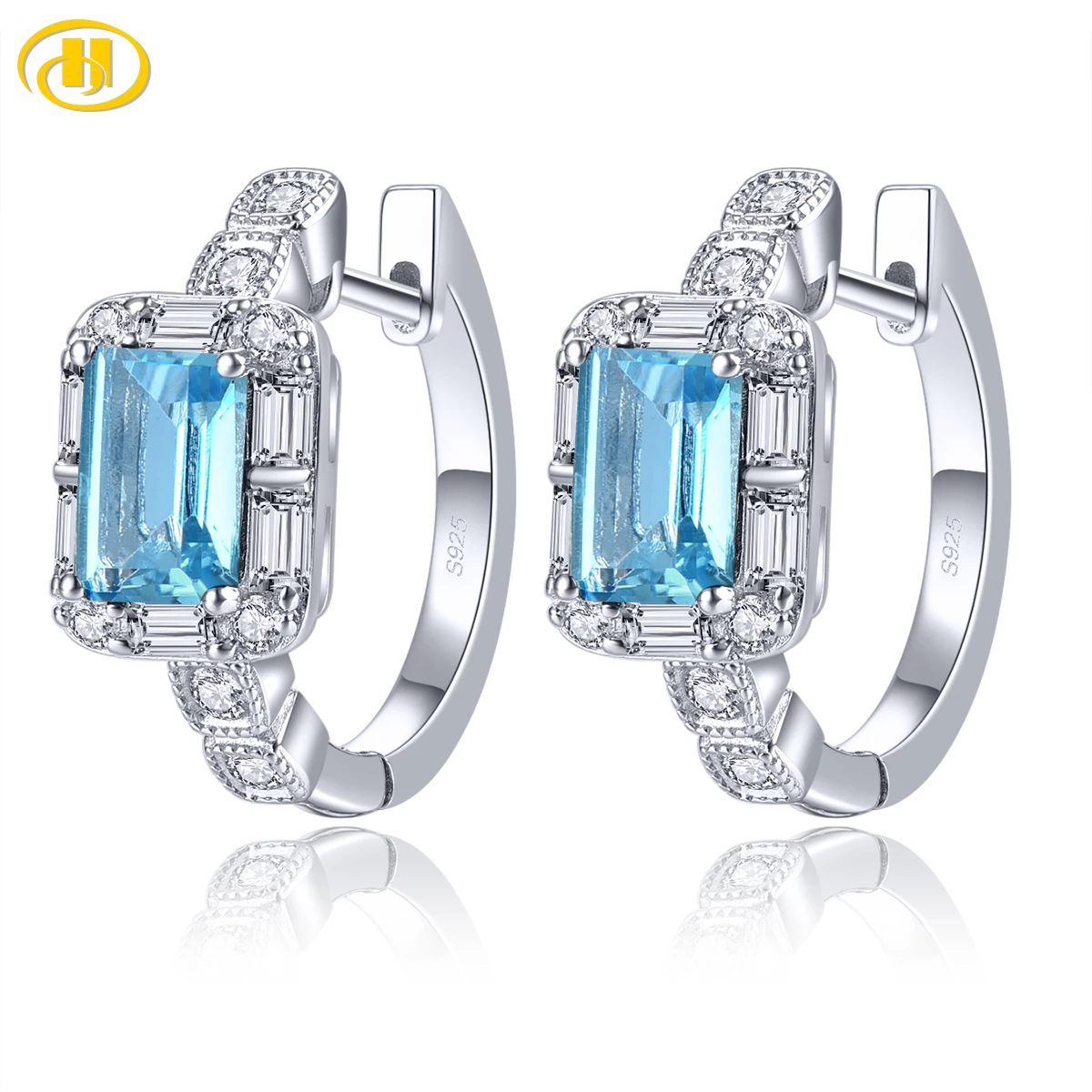 Natural Blue Topaz Solid Sterling Silver Rhodium Plated Hoop Earring 2.46 Carats Genuine Topaz Gemstone Women Classic Jewelrys