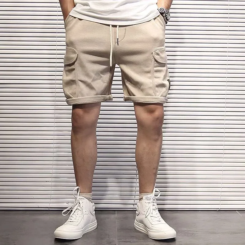 Männliche Bermuda kurze Hose mit Kordel zug Herren Cargo Shorts Khaki solide Front tasche Baumwolle elastische Taille Stretch Jogger Sommer