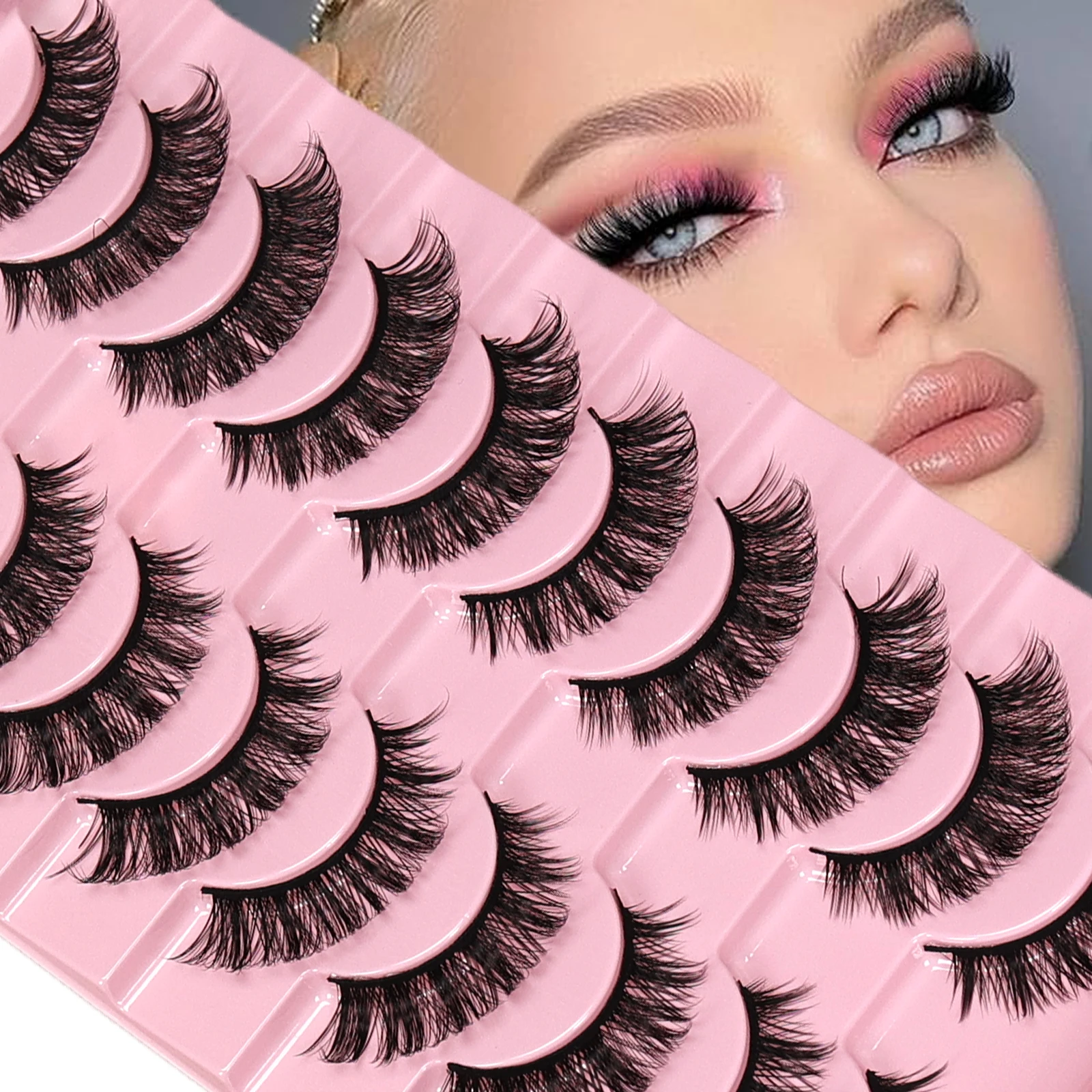 10 Paar Dramatische, Voluminöse DD-Curl Russische Künstliche Wimpern, Flauschige Stereo-Volumen Faux-Nerz Streifenwimpern, Wiederverwendbare Gebogene Künstliche Wimpern