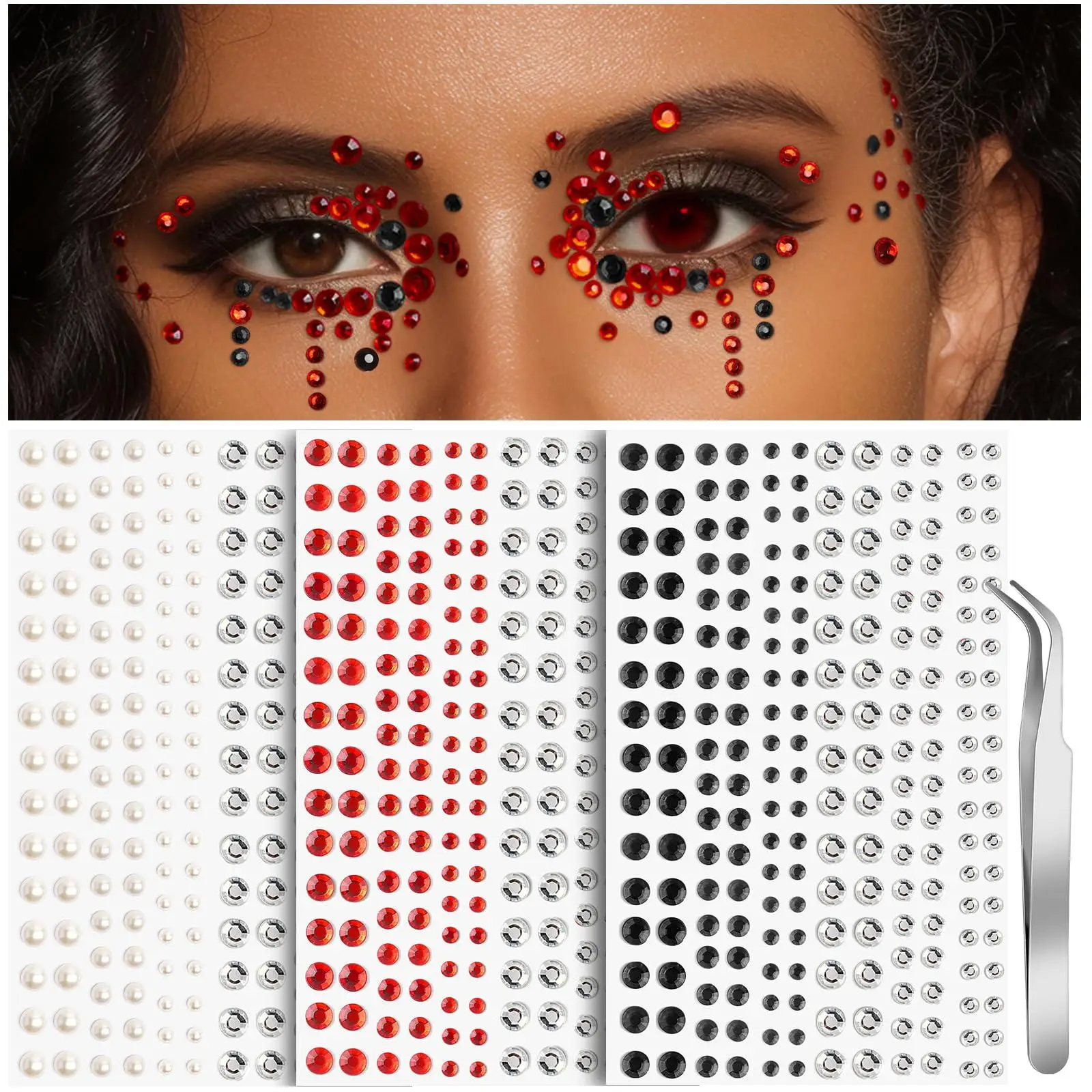 3 Sheets Red Black Face Gems Stick on Hair Gems Face Jewels Self-Adhesive Rhinestones for Makeup Face Eyes Body With Tweezers