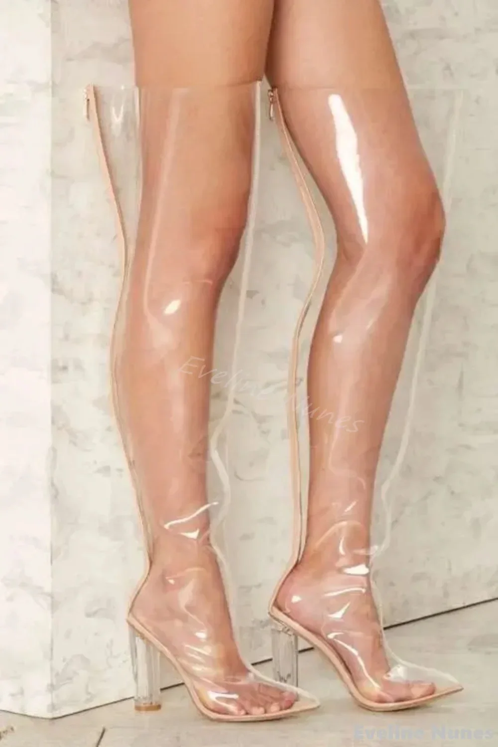

Pvc Transparent Chunky Heel Over The Knee Boots Women Sexy Pointed Toe Back Zipper Long Boots 2024 New Fashion Gladiator Boots