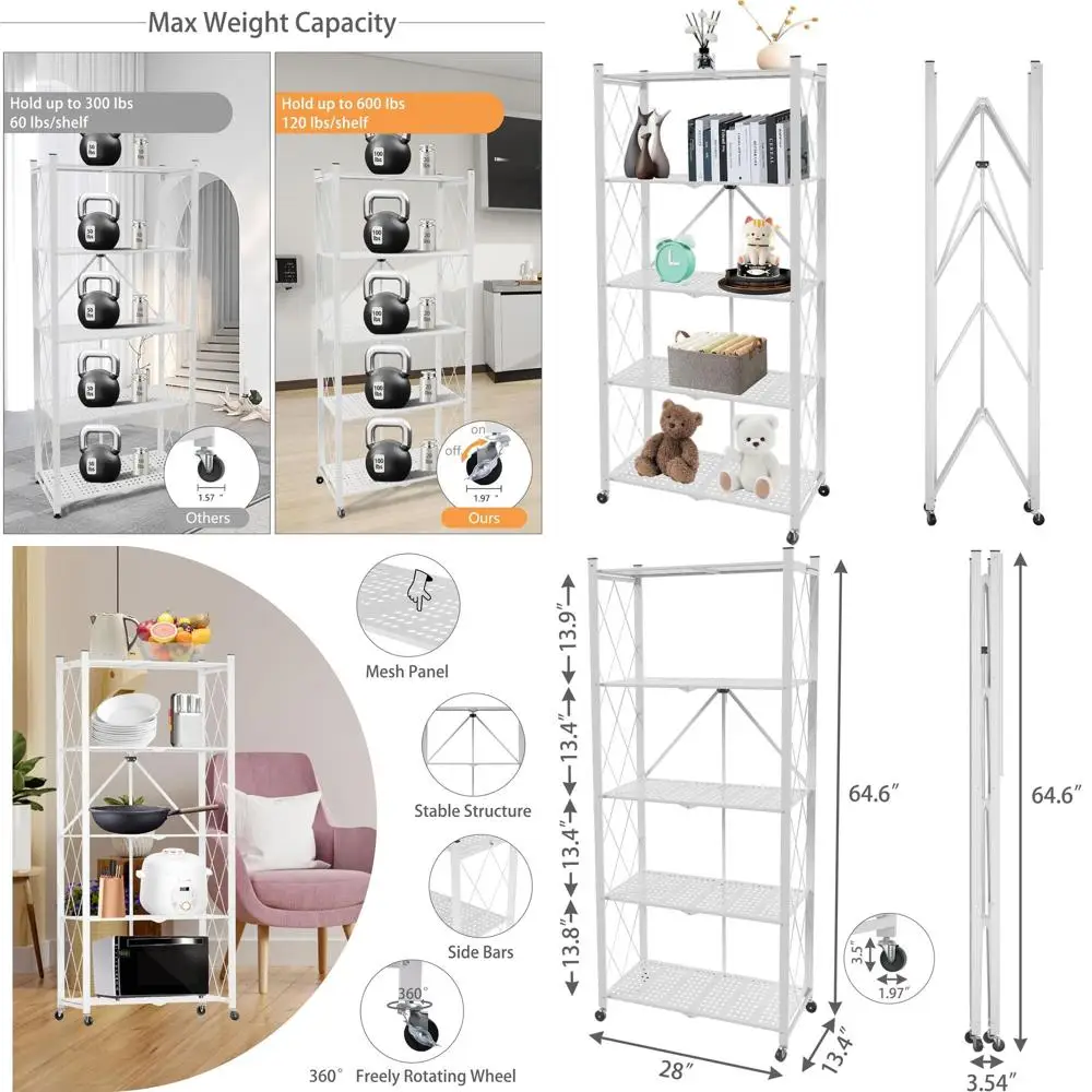 

5-уровневые складные металлические полки на колесиках - портативный органайзер для кухни, кладовой, офиса, белый цвет