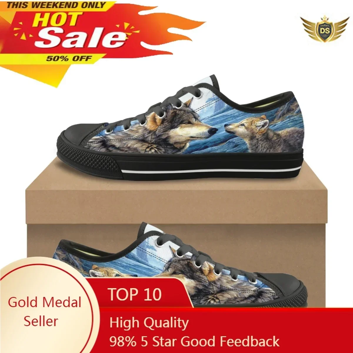 Fashion Art 3D Wolf Pattern Printing Casual Flat Shoes For School Girls Classic Lace Up Low Top Canvas Shoes Outdoor Sports Shoe