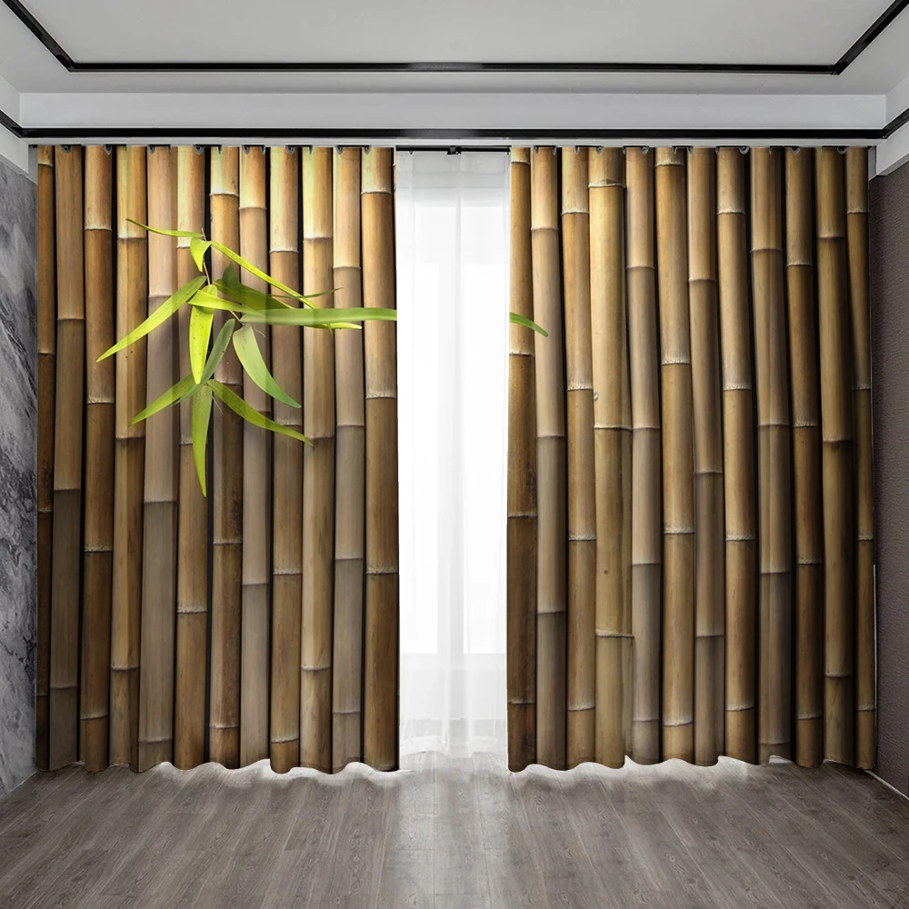 2PC Home Decoration Curtains, Bamboo Landscape Painting With Pole Bag Curtains, Kitchen,Coffee Shop, Living Room, Balcony