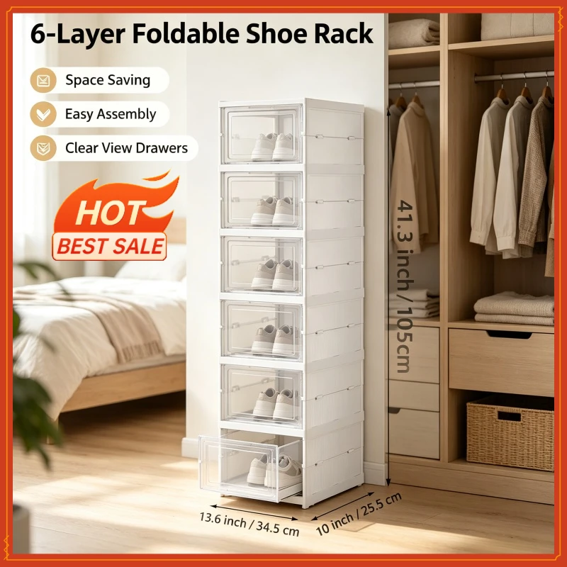 3/6 Layers Foldable Shoes Storage Box Transparent Sneaker Shoes Box Stackable Dustproof Cabinet Shoe Organizers Rack Shelf