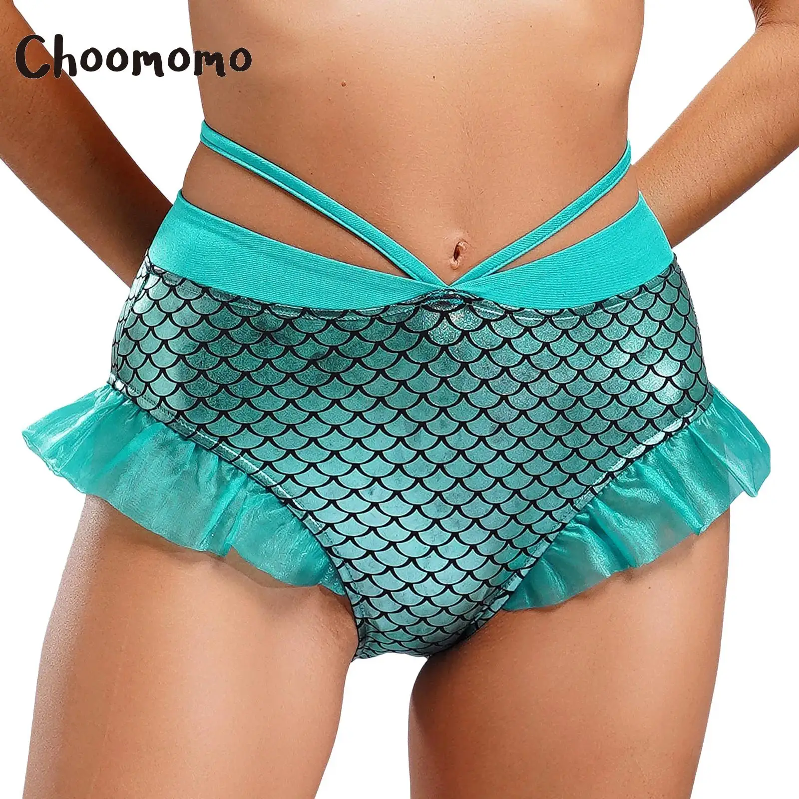 Womens Holographic Mermaid Fish Scale Print Booty Shorts Bottoms High Waisted Dance Boyshort Panty for Festival Nightclub Party