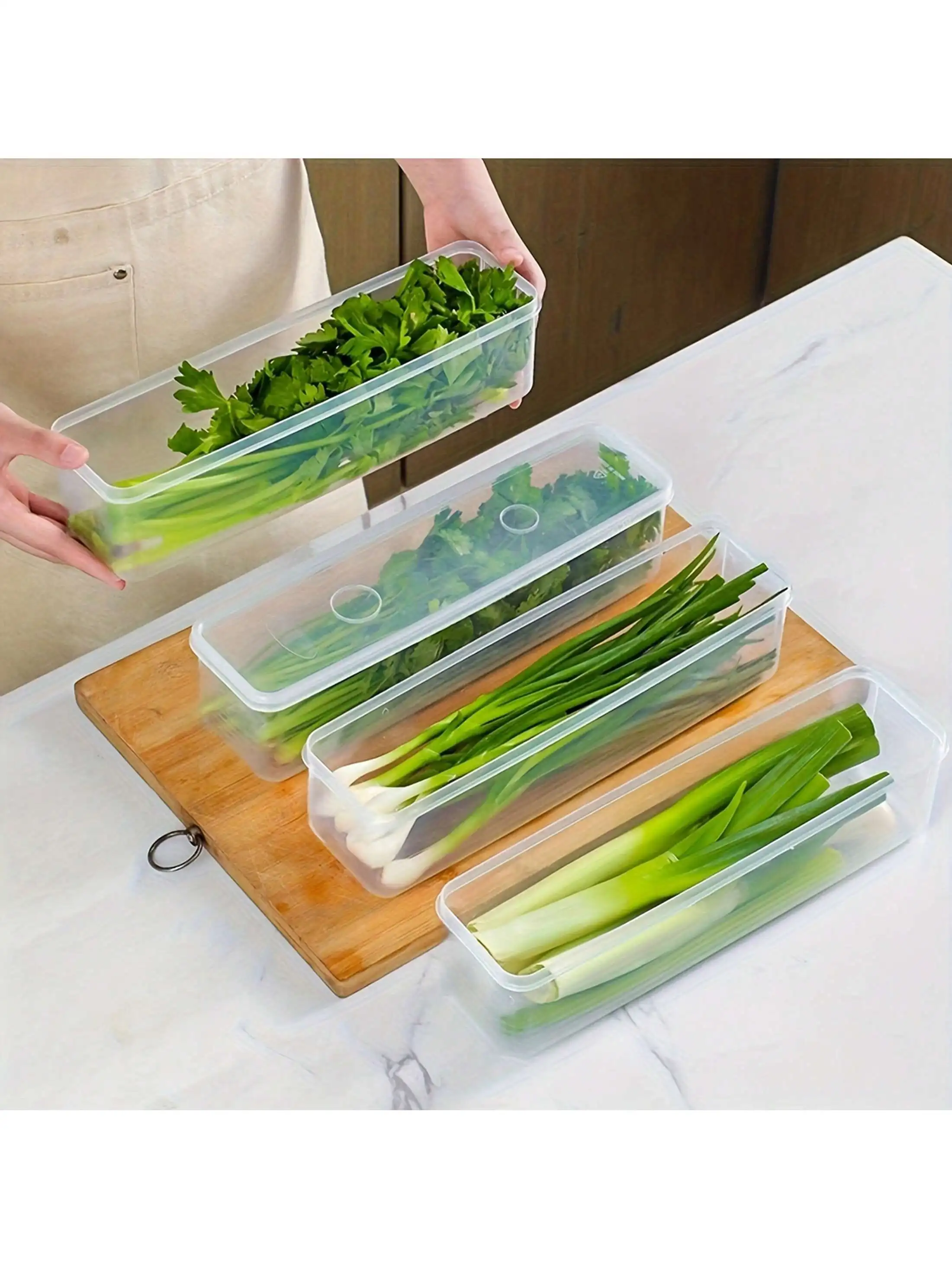

2/4pcs Rectangular Food Storage Containers, Reusable Plastic Refrigerator Organizer Boxes For Scallions, Parsley, Cilantro