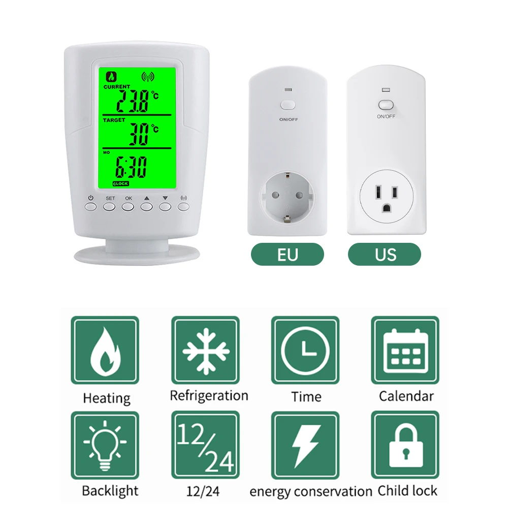 Wireless Thermostat Household Intelligent Socket Programmable Digital Temperature Controller Backlight LCD Heating Cooling Mode