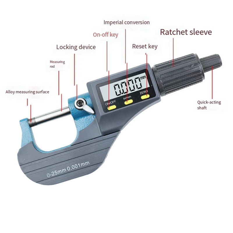 Digital Micrometer, Professional Inch/Metric Measuring Tools 0.00005Inch/0.001Mm Resolution Thickness Gauge