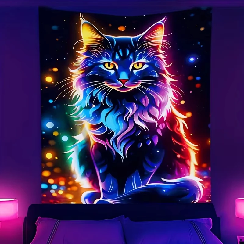 VIKAMA Illusion Neon Katze Wandteppich Sternenhimmel Licht Flecken Hintergrund Wohnzimmer Schlafzimmer Kunst Wasserdicht Staub Ins Stil Dekoration