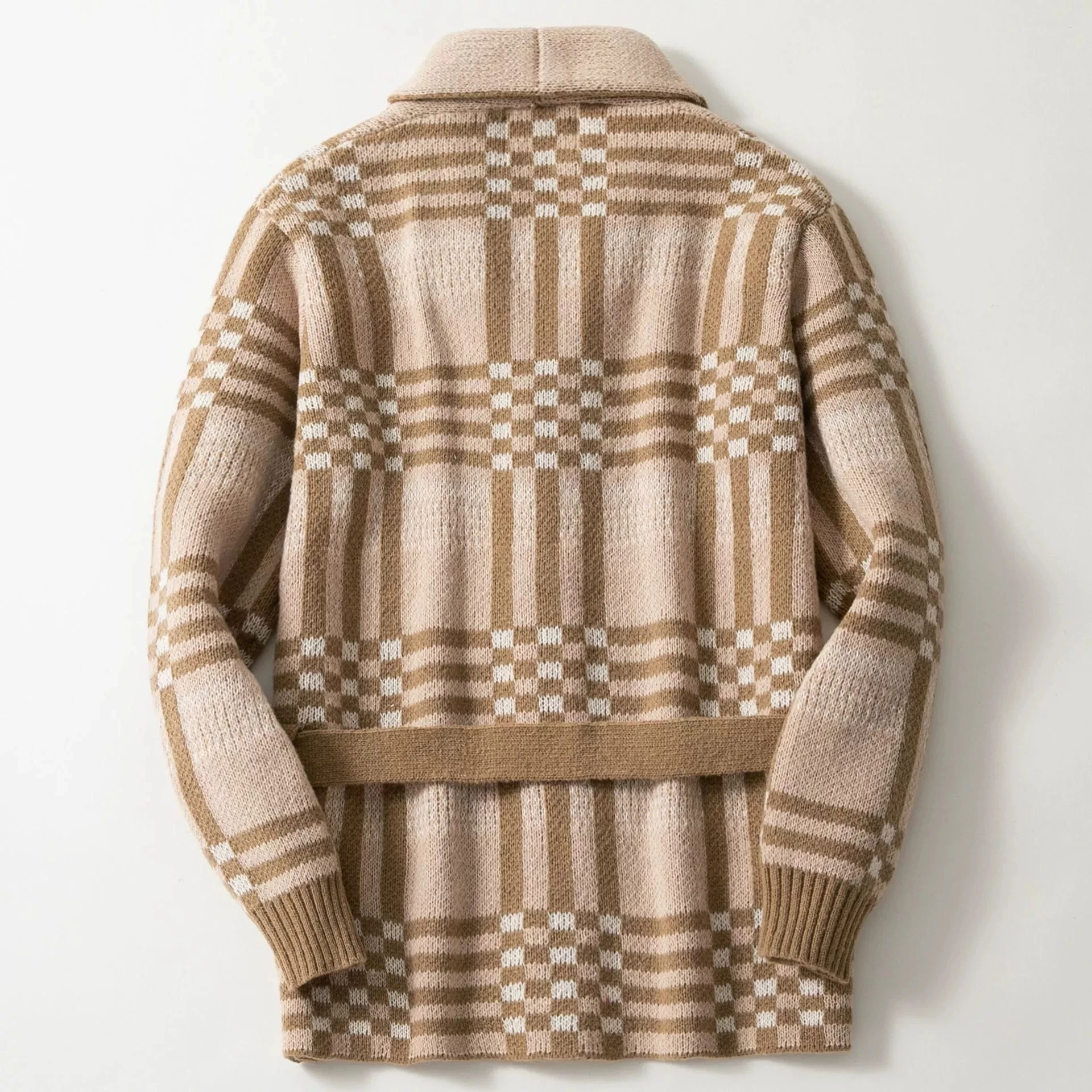 

Элегантный вязаный свитер в стиле ретро из Европы и Америки, классический жаккардовый кардиган средней длины в клетку, куртка-свитер