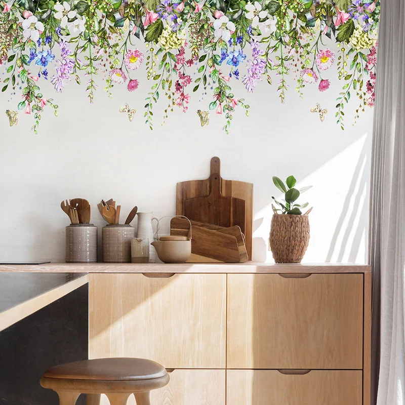 Plant Flowers Wall Stickers for Living Room Bedroom Cupboard Window Decor Removable PVC Posters Decal DIY Self-adhesive Mural