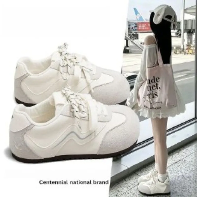 Retro Women Two‑Tone German Trainer Sneakers Beige Gray Wave Line Patchwork Lace‑Up Round Toe Flat Casual Daily Walking Shoes