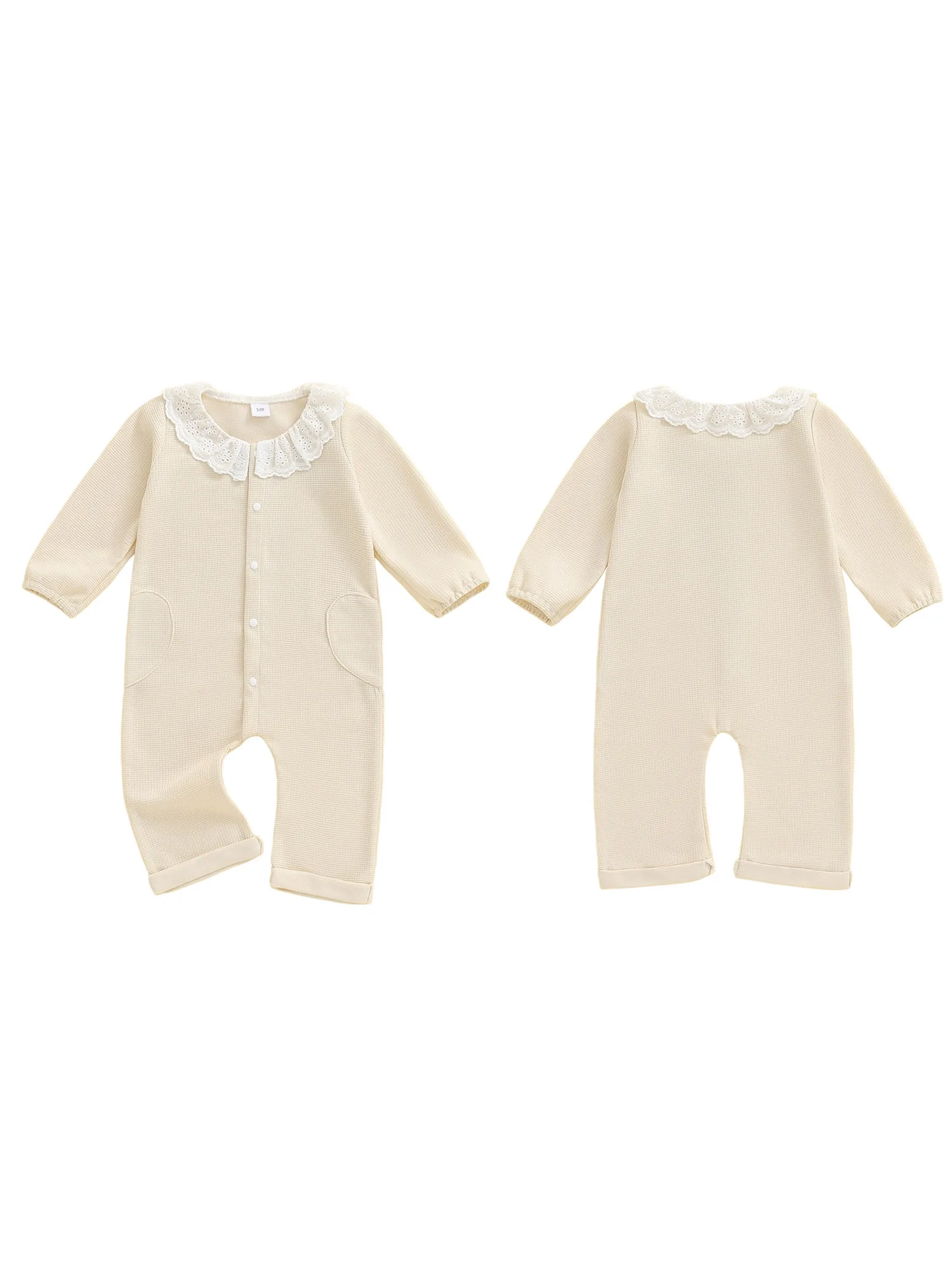 

Infant Girls Autumn with Delicate Lace Trim Frilly Collar and Full-Length Button-Up Waffle Romper