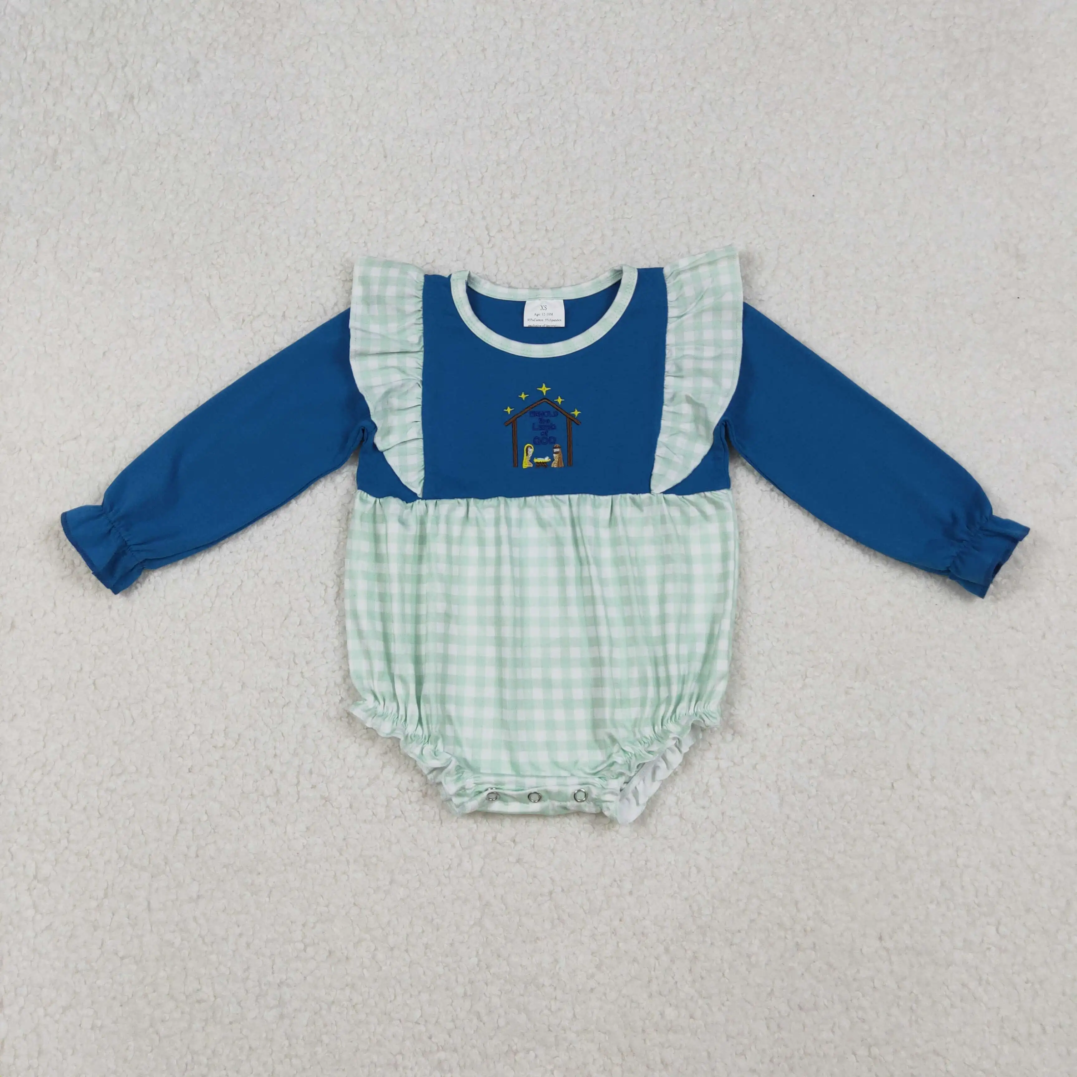 

X9.17 Christmas wholesale boutique baby girls romper embroidered Jesus green plaid lace blue long sleeve onesie