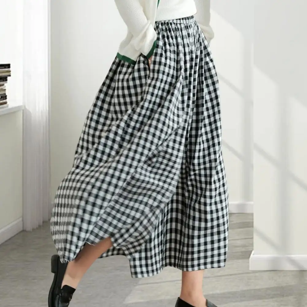 

Women Casual Pants Mid-rise Elastic Waist Plaid Print Pants Skirt With Reinforced Pockets Wide Leg Sport Trousers