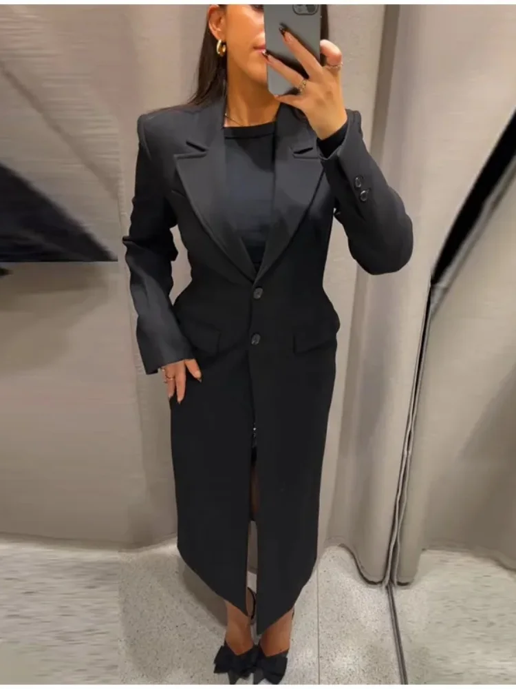 Fashion Black Single Breasted Women Slim Overcoat Elegant Lapel Long Sleeve Shoulder Pad Blazer Jacket Spring Lady Streetwear