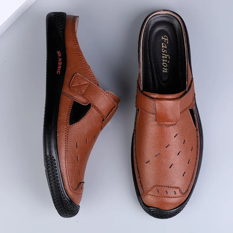 Nieuwe Halve Slipper Mannen Loafers Echt Leren Schoenen Mannen Slippers Nieuwe Mode Luie Bootschoenen Mannen Ademende Slip Op Muller Schoenen