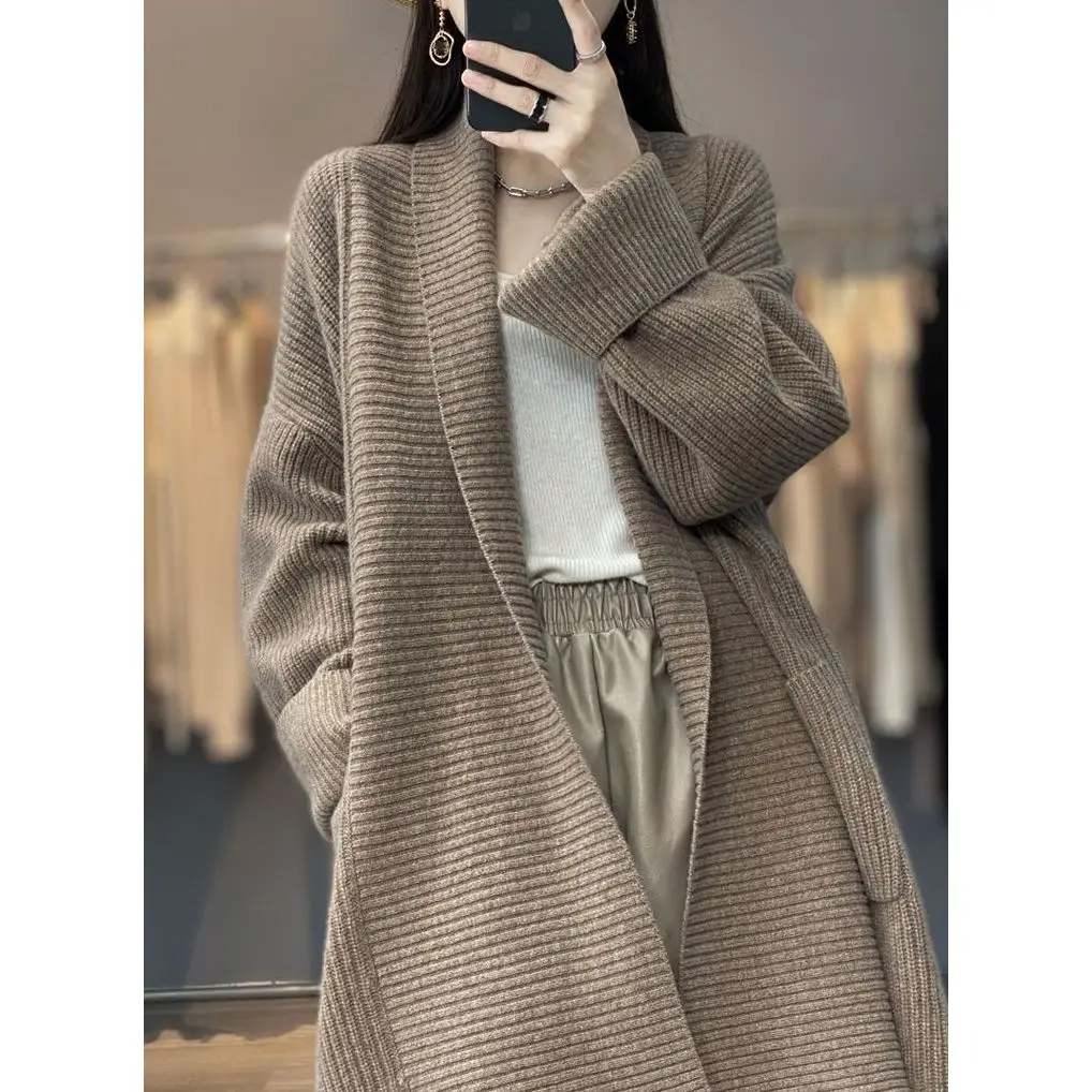 Cardigan de malha coreano médio a longo para mulheres, gola solta, suéter grosso, cor sólida, outono e inverno