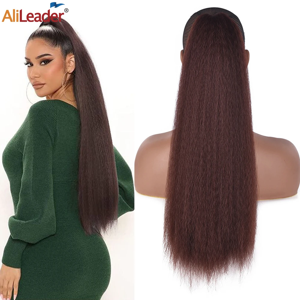 

Long Kinky Straight Drawstring Ponytail Black 22" Yaki Straight Drawstring Ponytail Synthetic Hair Clip In Ponytail For Women