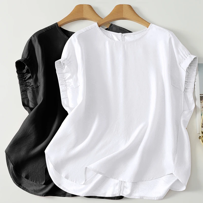 Retro  Color round Neck Short Sleeve Women's Chiffon Top Summer Back Button Design Sensation Fly Sleeve Shirt