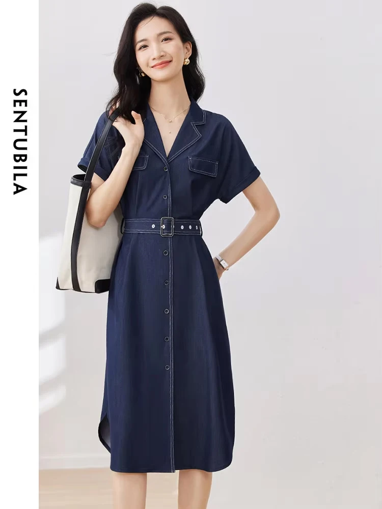 Sentrubila-Robe en denim cargo pour femme, robe droite midi à revers avec ceinture, style cargo, été 2023, 132L49550