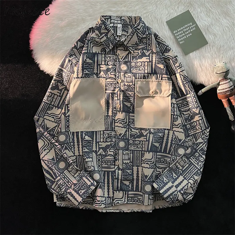 

Long Sleeve Cargo Shirts Men Clothing Abstract Pattern Cozy Chemise Homme Teens Retro Japanese Stylish Y2k Fashion All-match Ins