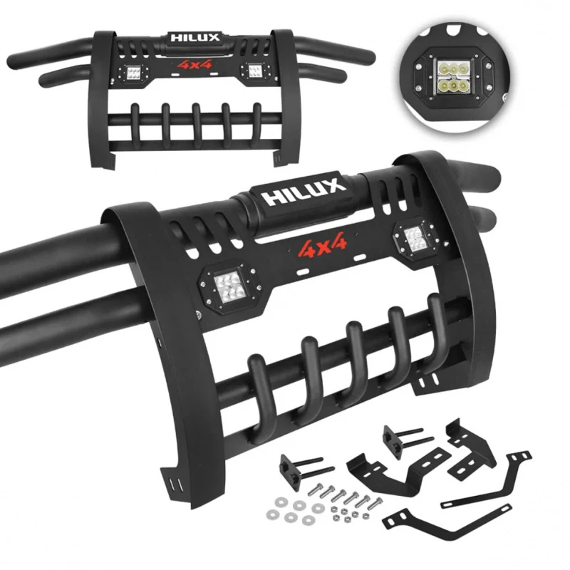 High Quality Black 4X4 Front Bumper with Dual Tube Lights Direct Factory Sale for Hilux Revo Vigo Hilux Accessories