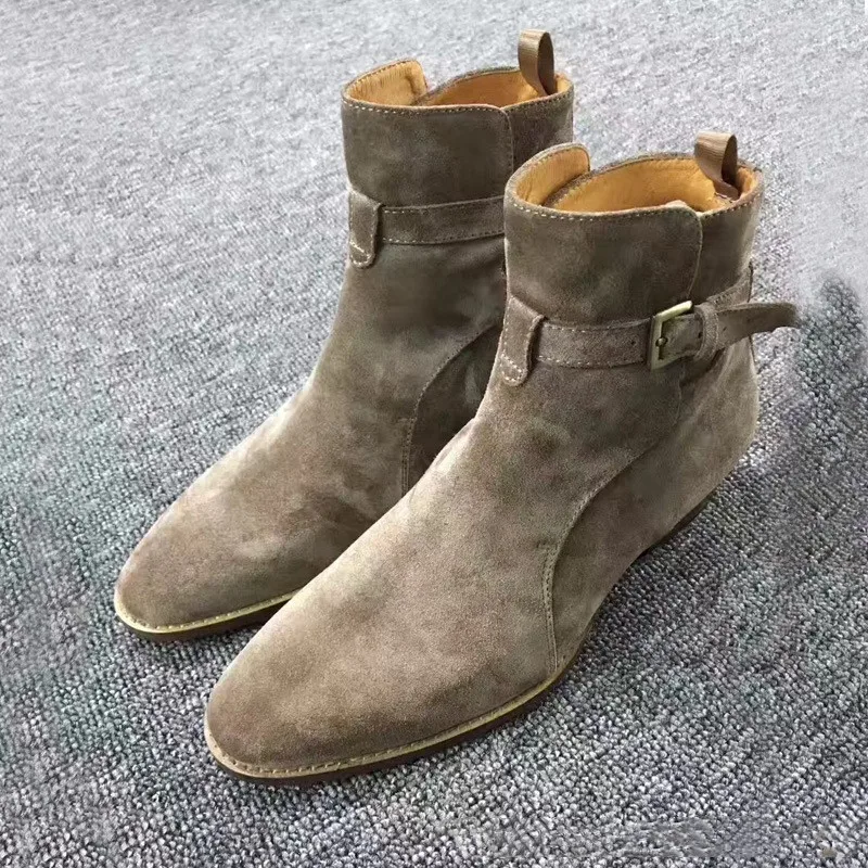 Klamra męskie buty Chelsea ręcznie robione wysokiej jakości zamsz krowy Khaki moda zimowa Business Casual buty na średnim obcasie kostki męskie buty