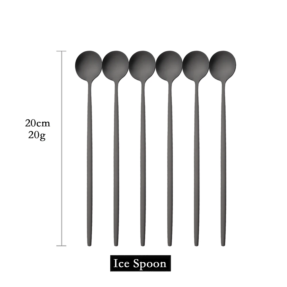 6Pcs Matte Black Long Hangdle Spoon For Stirring Drink Steainless Steel Gold Dinnerware Tableware Cutlery Ice Cream Spoon Set