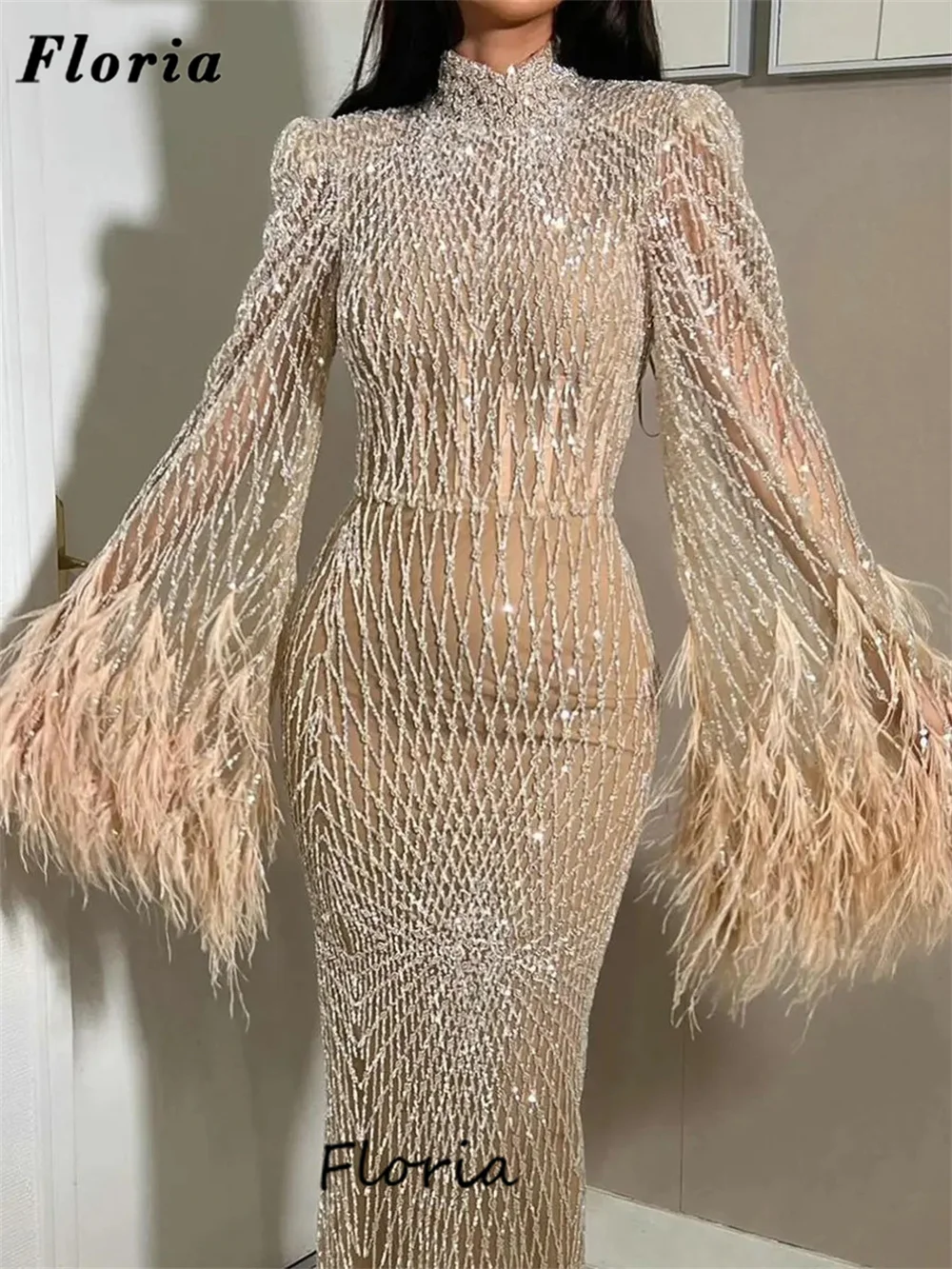 

Glitter Beading Evening Sleeves With Feathers 2024 New Elegant Champagne Mermaid Long Prom Dress Robes Du Soir Dubai Party Gowns