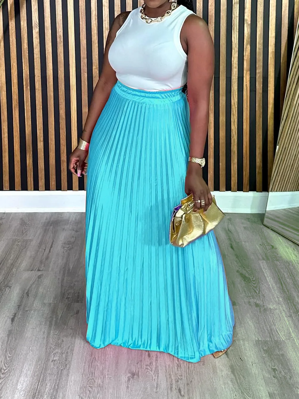 GLCMYAYA Plus Size Women Fashion Pleated Floor Length Skirt High