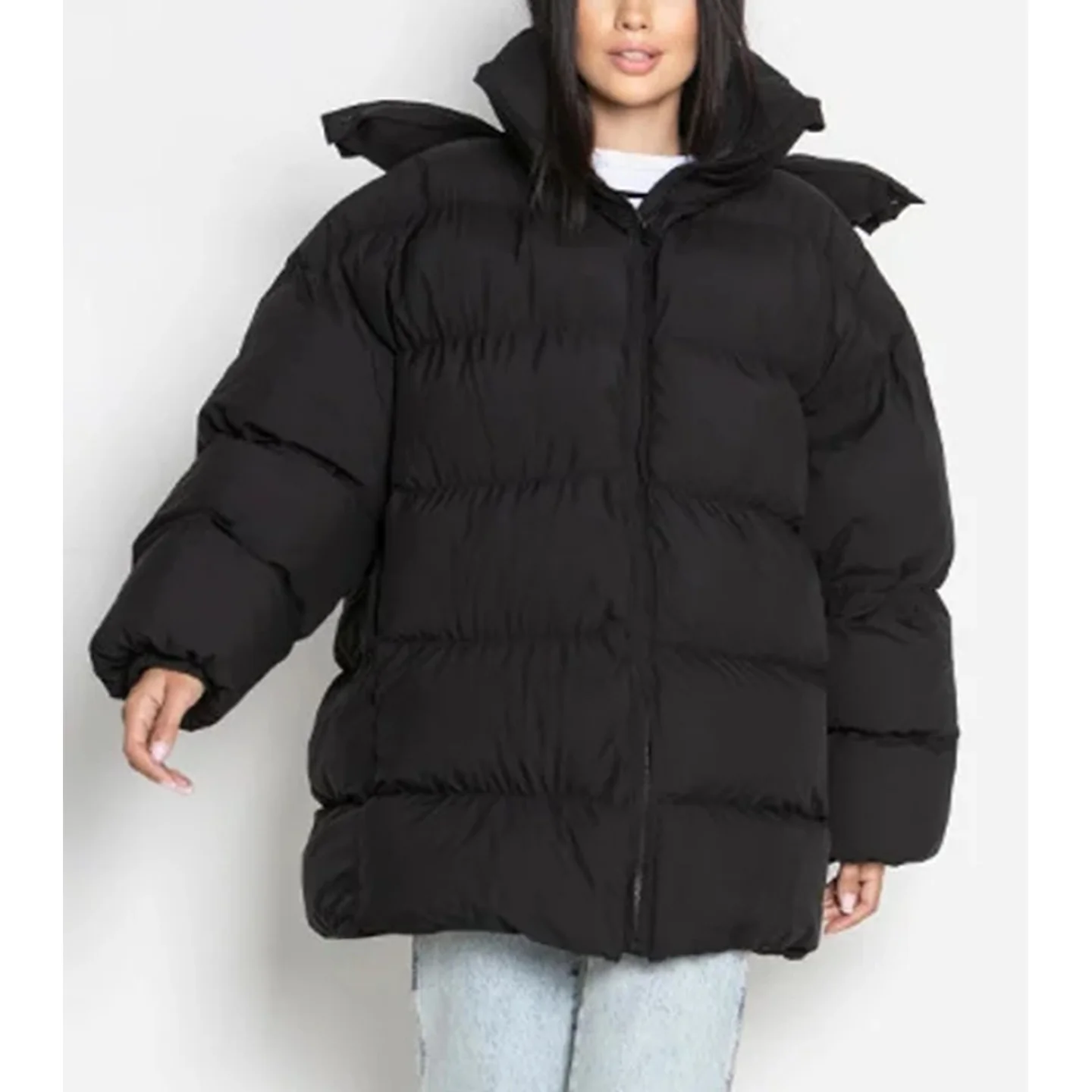 شتاء جديد المرأة عادية فضفاضة تناسب طويلة Sve الوقوف طوق مقنعين الدافئة القطن Jaet ملابس خارجية Faion تخفيف Sle سستة