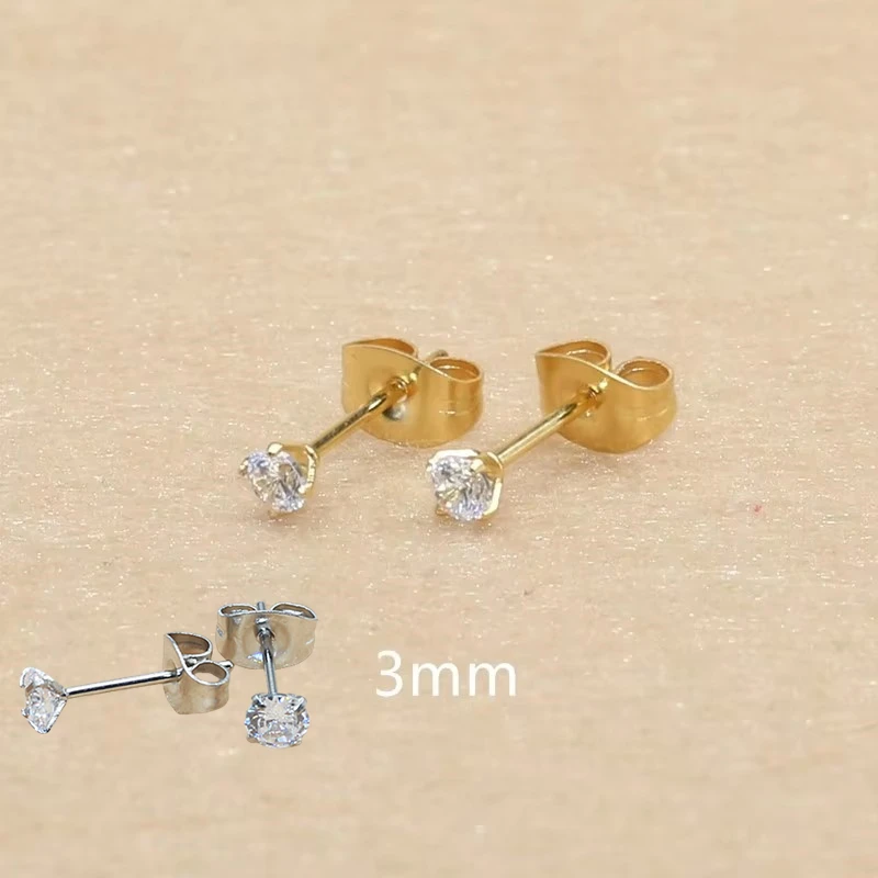 Pendientes de tuerca blancos con circonitas coloridas redondas AAA de 3mm con aguja de acero inoxidable, joyería breve, 20 colores para elegir, sin alergias