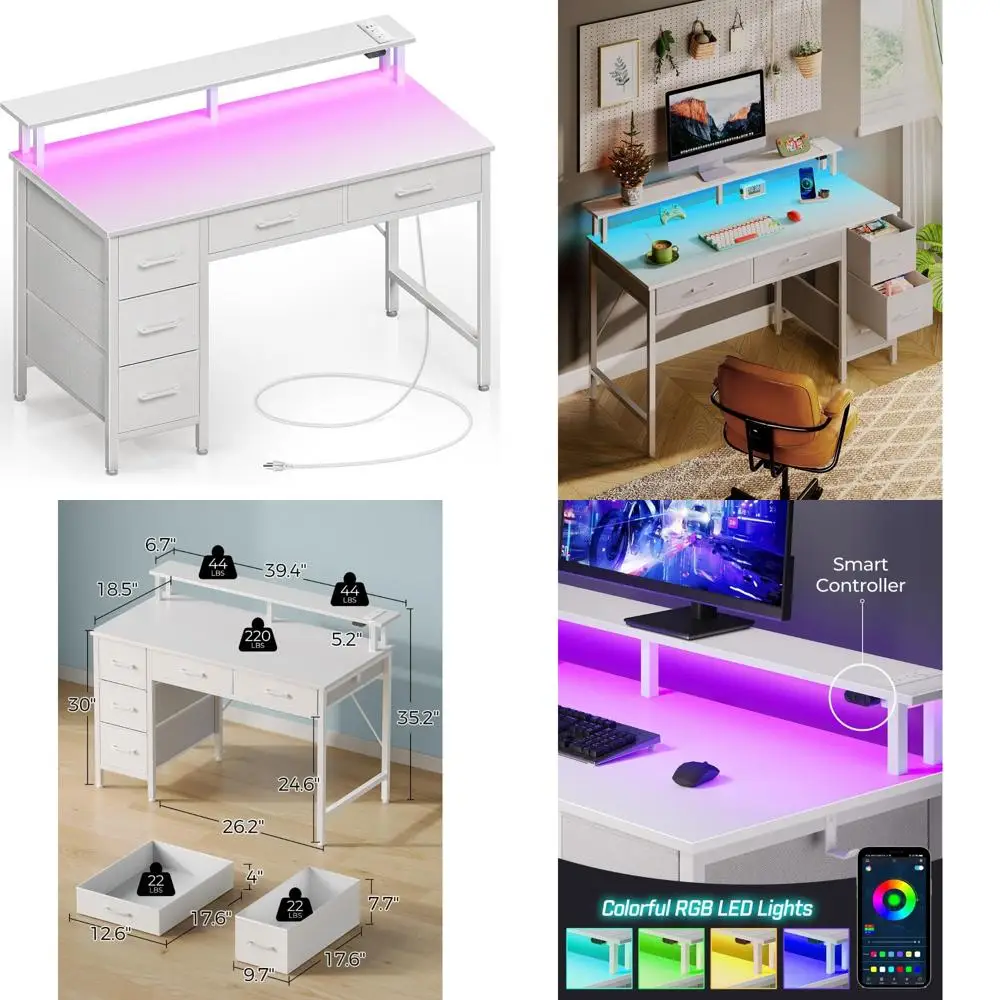 

39-inch Home Office Desk with 5 Drawers, Monitor Stand, Power Outlets, and LED Light