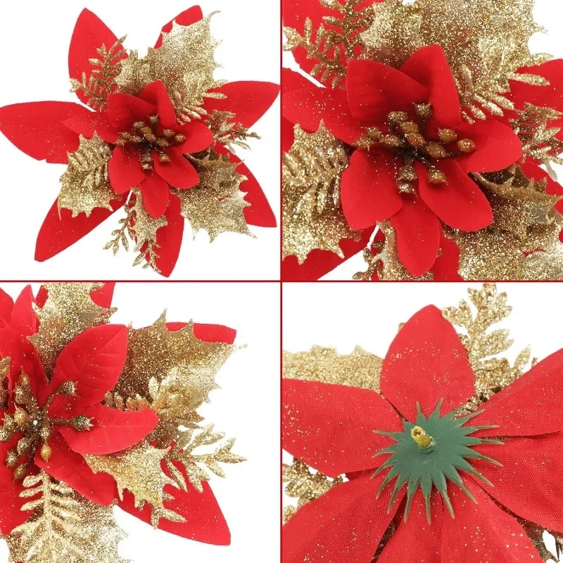 

F5 12PCS Artificial Glitter Christmas Flowers with Clip for Xmas Tree Ornament Fake Flower Floral New Year Party Home Decoration