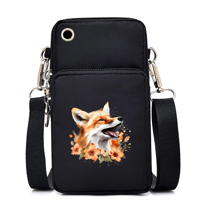 Flower Fox Print Mini Mobile Phone Bag Women Cute Sheep Floral Vertical Handbag Heart Flower Cartoon Animal Lover Shoulder Bags