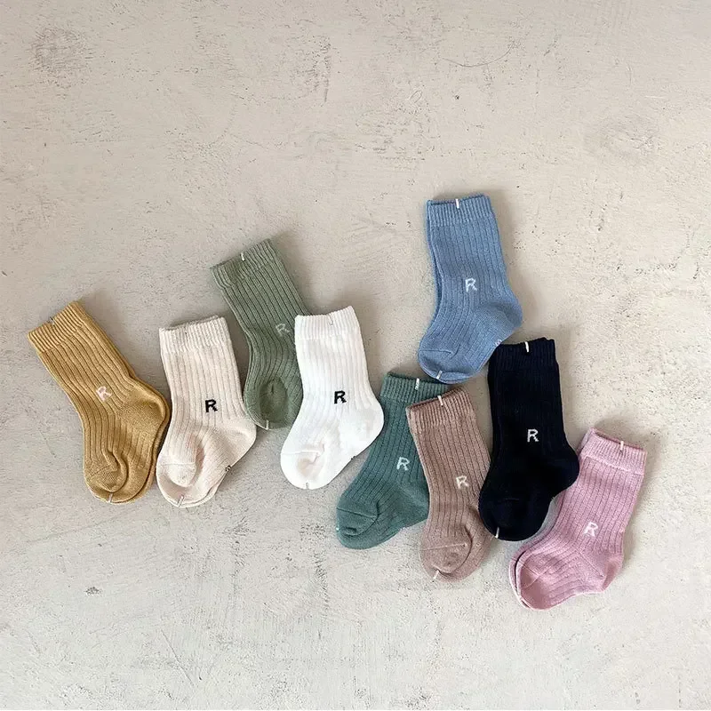 1 Pair Baby Sock Korean Simplicity Solid Color Letter R Short Sock for Toddler Boy Girl Spring Autumn Cotton Sock for Kids