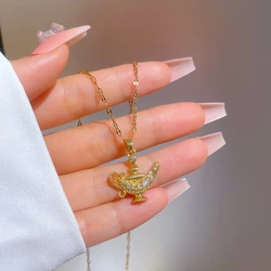 Stainless Steel Gold Color Fairy Tale Aladdin Magic Lamp Charm CZ Pendant Necklace Metal Bulb Lighthouse Necklace For Men Women