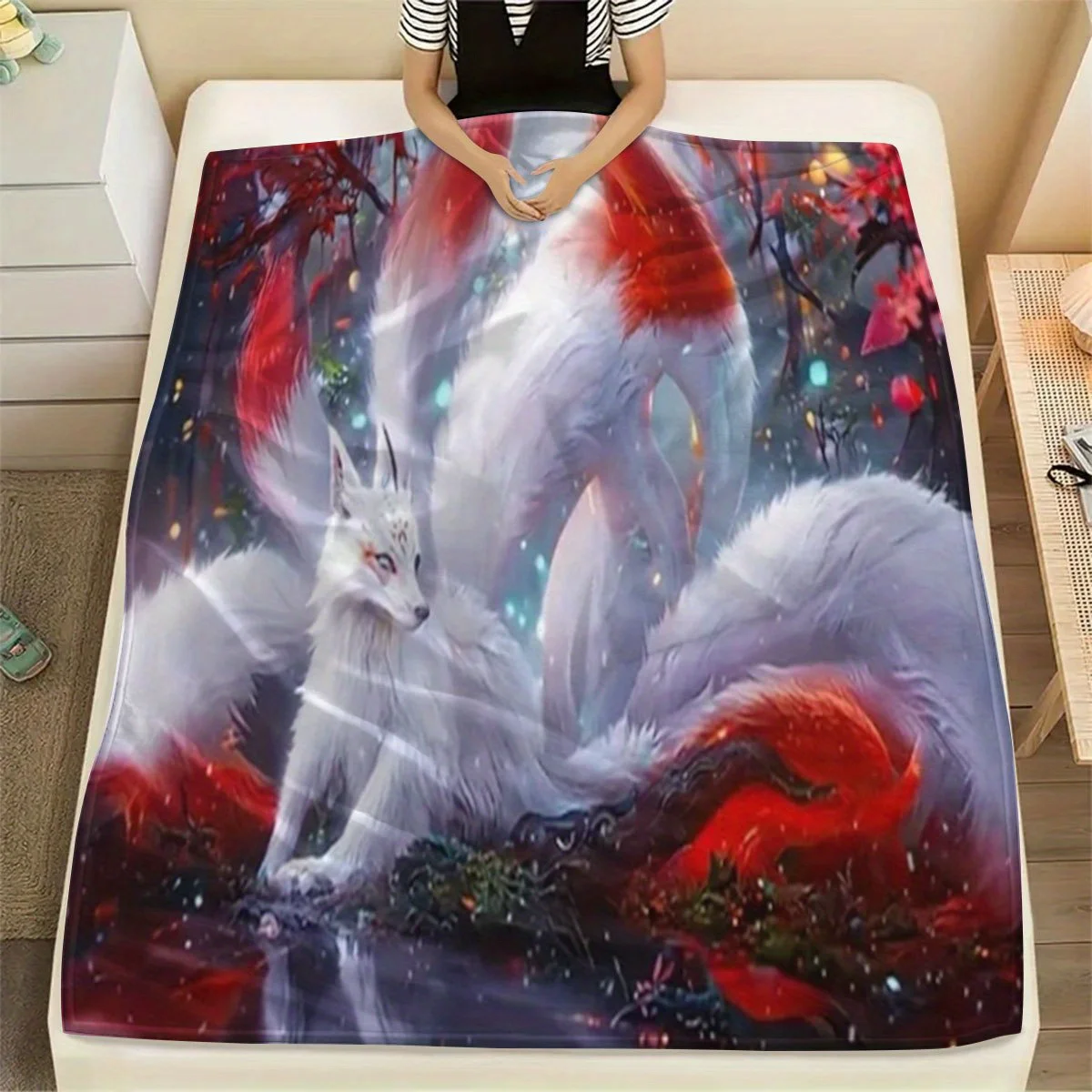 1pc Contemporary Reversible Fox Print Flannel Blanket - Soft Warm Polyester Throw for Sofa, Home, Office, Camping - All Seasons