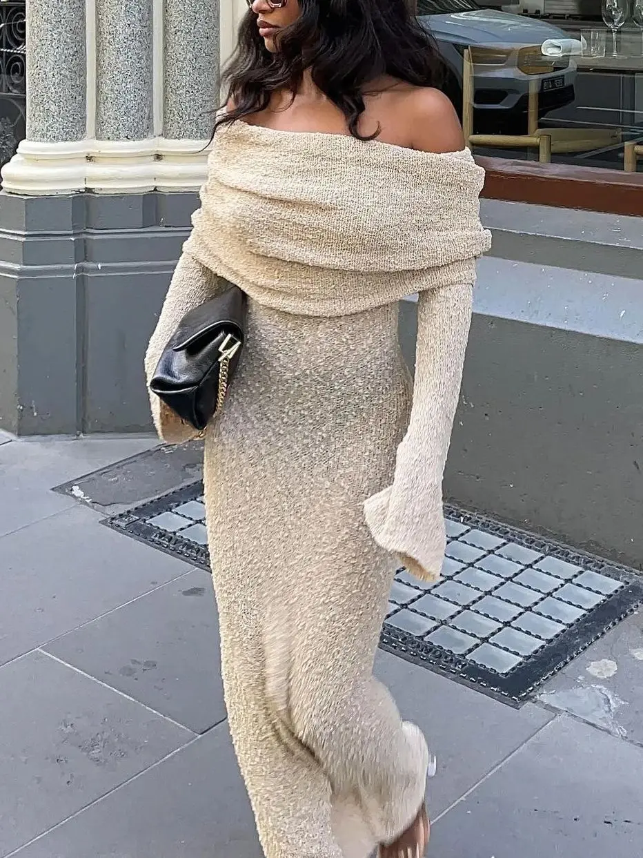 Long Sleeve Knitted Dress Off Shoulder White 2024 Ladies Wedding Guest Luxury Flare Event Party Maxi Evening Dress Autumn