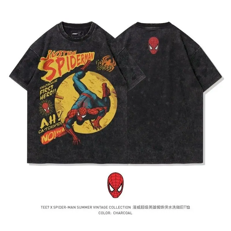 Marvel Spider Man T-shirt Retro Style Anime Graffiti Creative Boys Cotton Loose Short Sleeve Personalized Top Holiday Gift