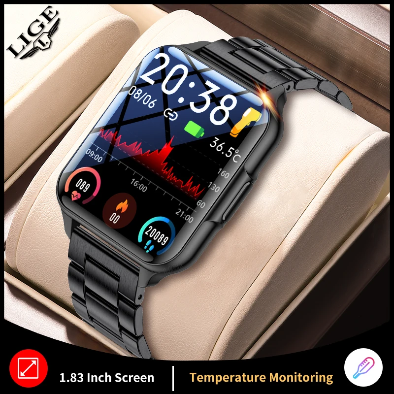 

LIGE Men Smart Watch 1.83 inch Full Touch Blood Oxygen Waterproof Heart Rate Fitness Body Temperature Smartwatch For Android iOS