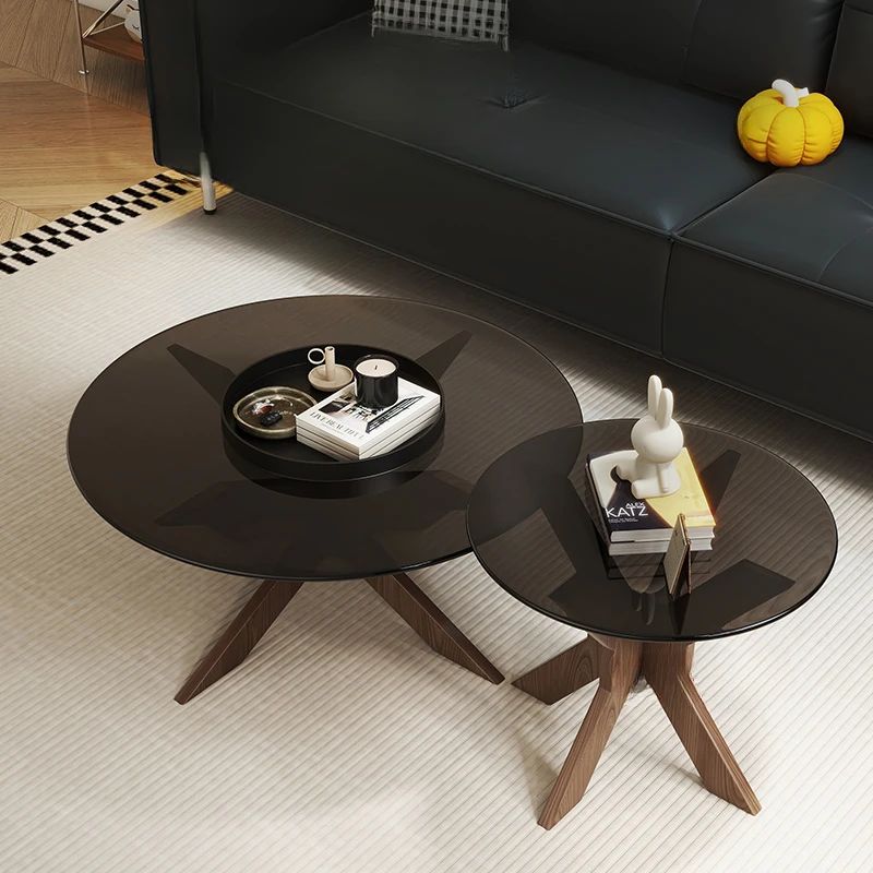 Round Side Table, Modern Glass Design, Black Simple Center Style, Wood Lateral Apartamento Tavolino Da Salotto Furniture