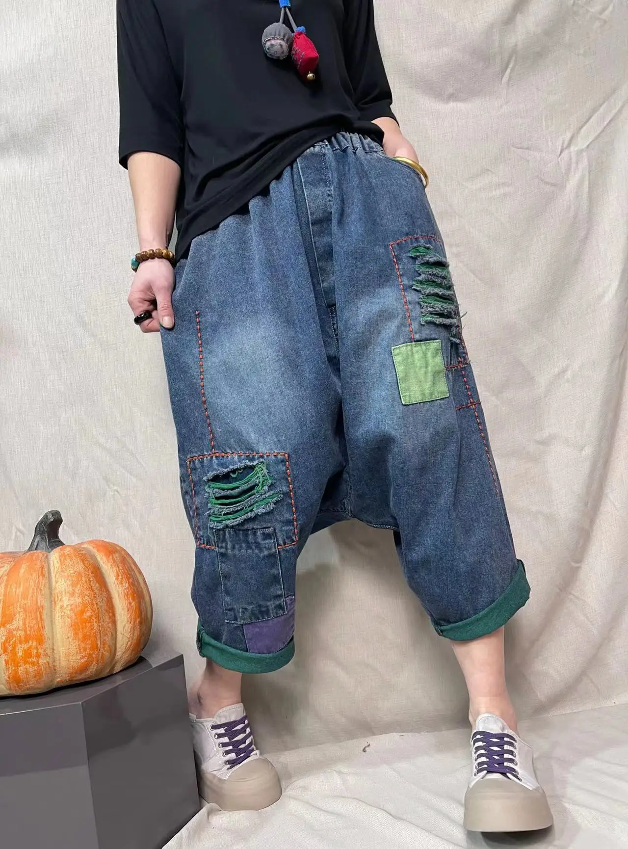 Baggy Cowboy Cross-pants Women Low Drop Crotch Jeans Hippie Vintage Loose Ripped Hole Sagging Street Dance Wide Leg Joggers