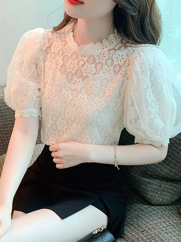 

Summer New Short Sleeve Blouse Women White Lace Blouse Shirt Women Tops Blusas Mujer De Moda 2024 Verano Blouses Shirts